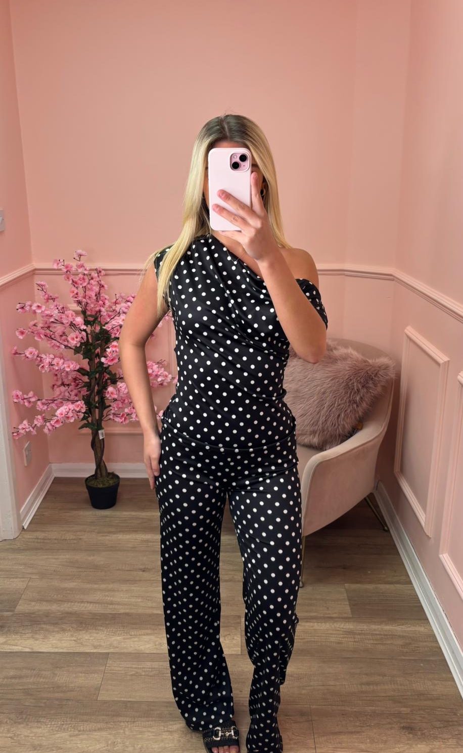 PAIGE black polka dot off shoulder trouser co-ord