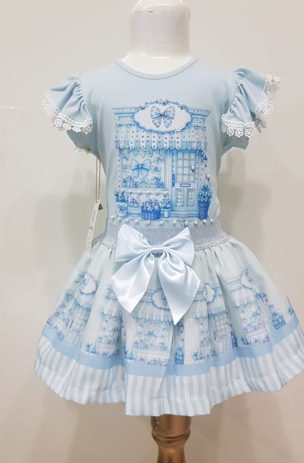 SADIE blue pearl diamond bow frilly skirt set