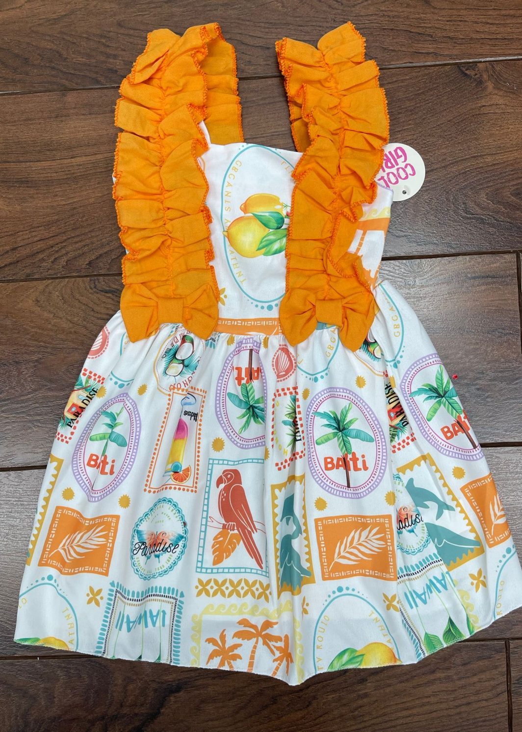 ORLA girls orange ruffle shoulders tropical dress