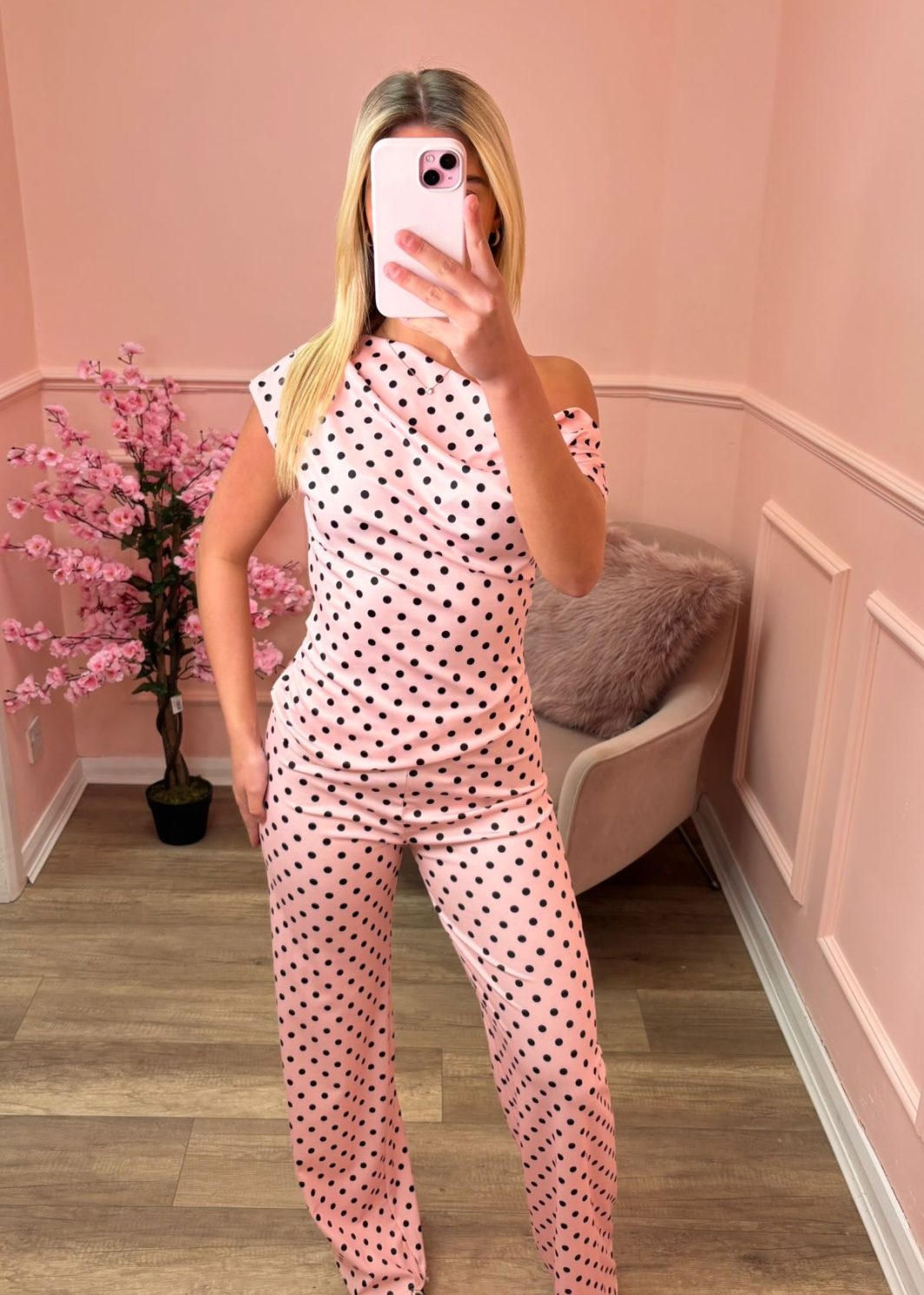 PAIGE pink polka dot off shoulder trouser co-ord