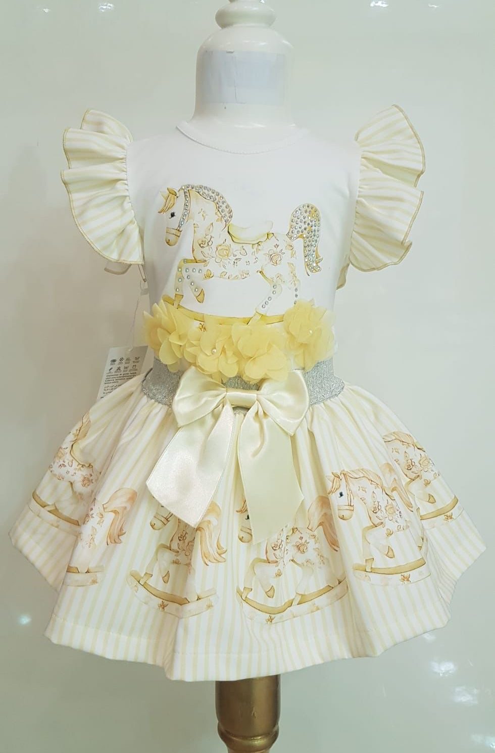 CHRISTINA yellow frilly diamante carousel bow skirt set