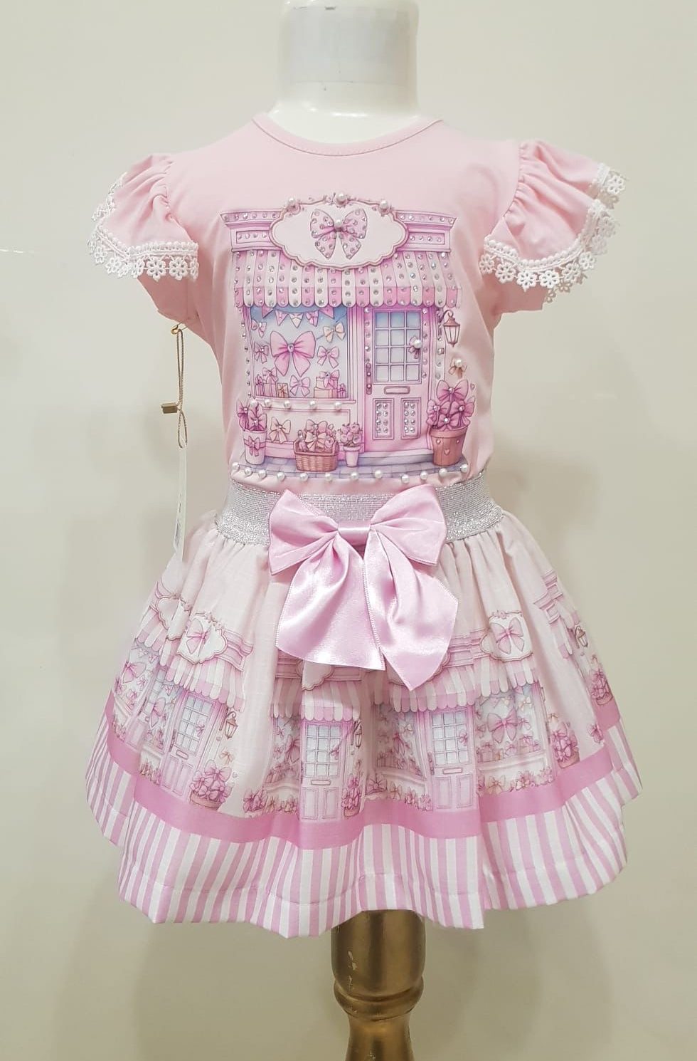 SADIE pink pearl diamond bow frilly skirt set