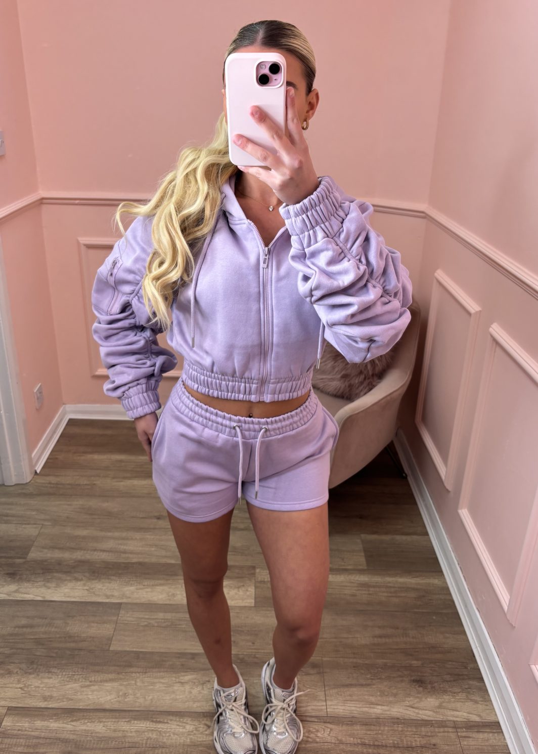 SOPHIA lilac rouched sleeved crop jacket short set
