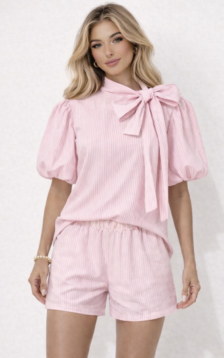 MILA pink bow tie pin stripe short co-ord