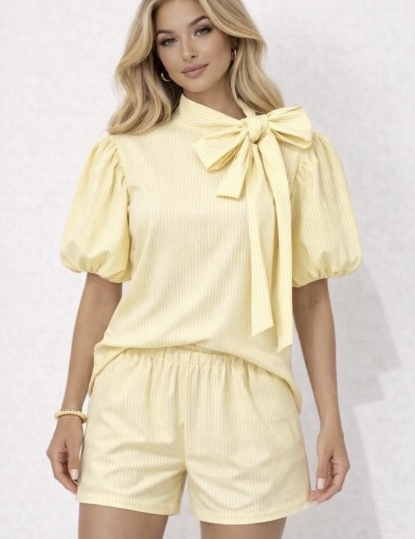 MILA yellow bow tie pin stripe short co-ord