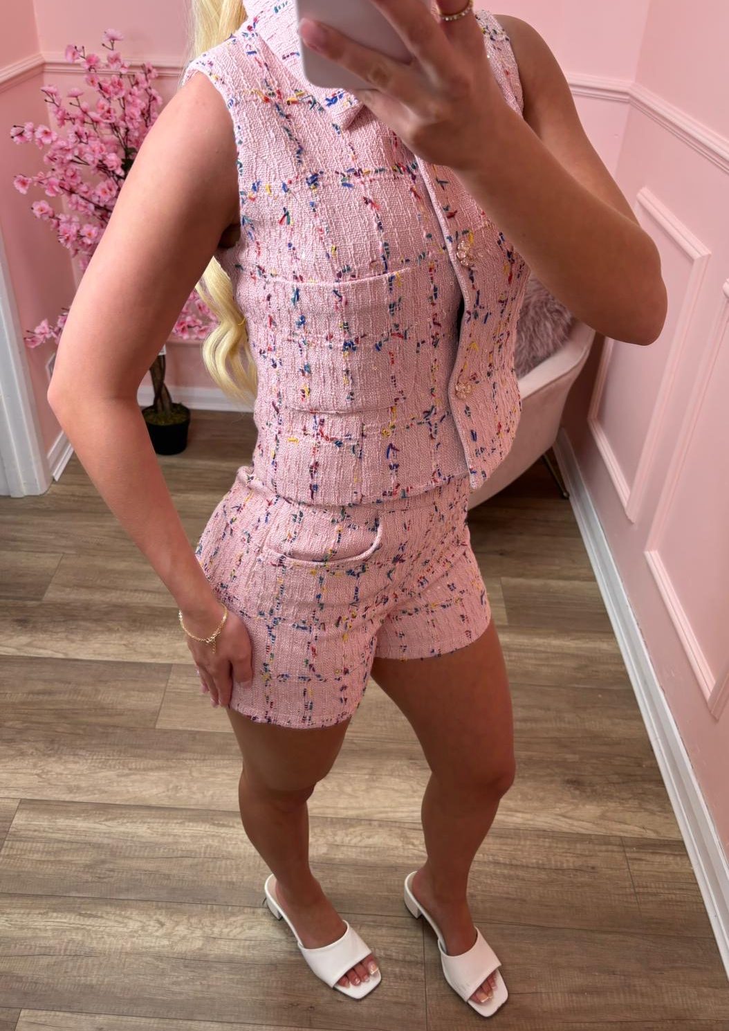 VALENTINA pink multi colour sleeveless luxe tweed short co-ord