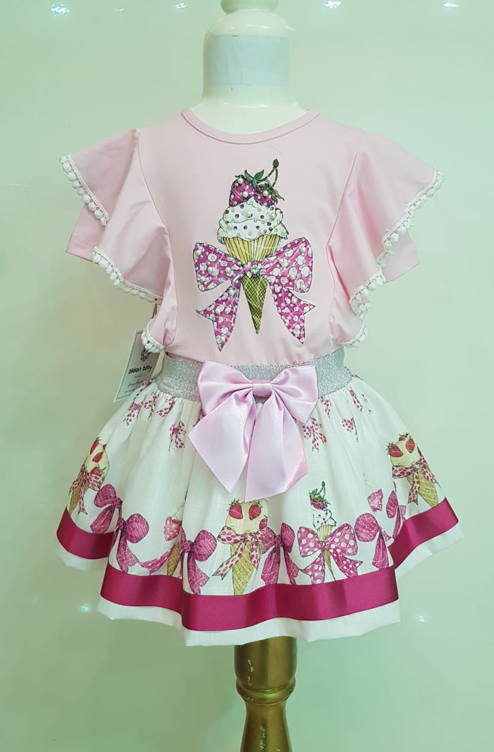 IRIS pink ice cream pearl diamond bow skirt set