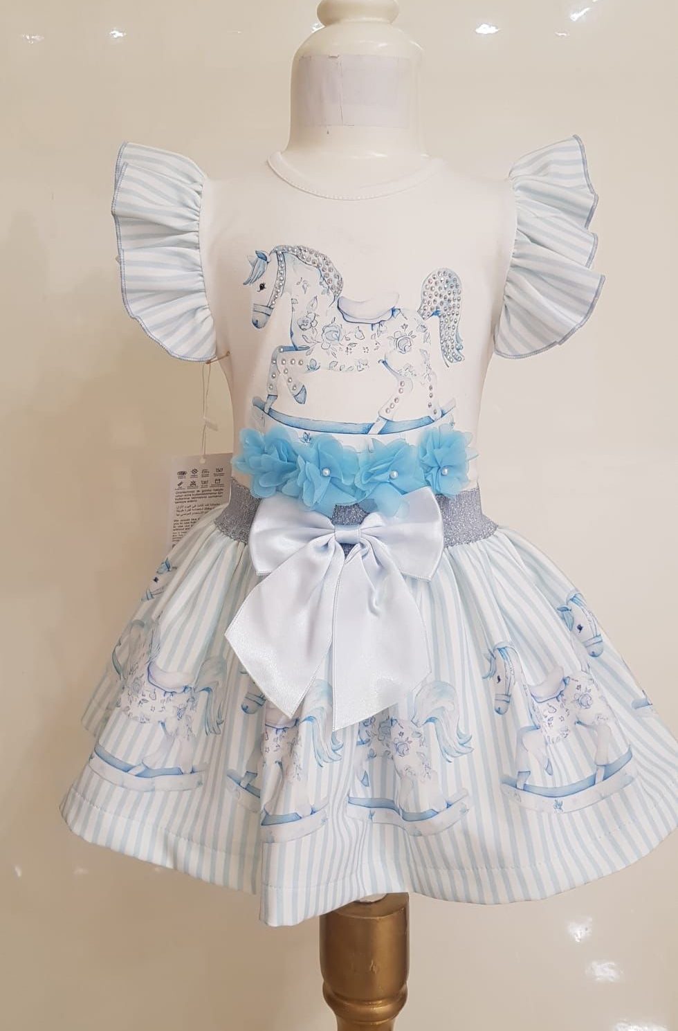 CHRISTINA blue frilly diamante carousel bow skirt set