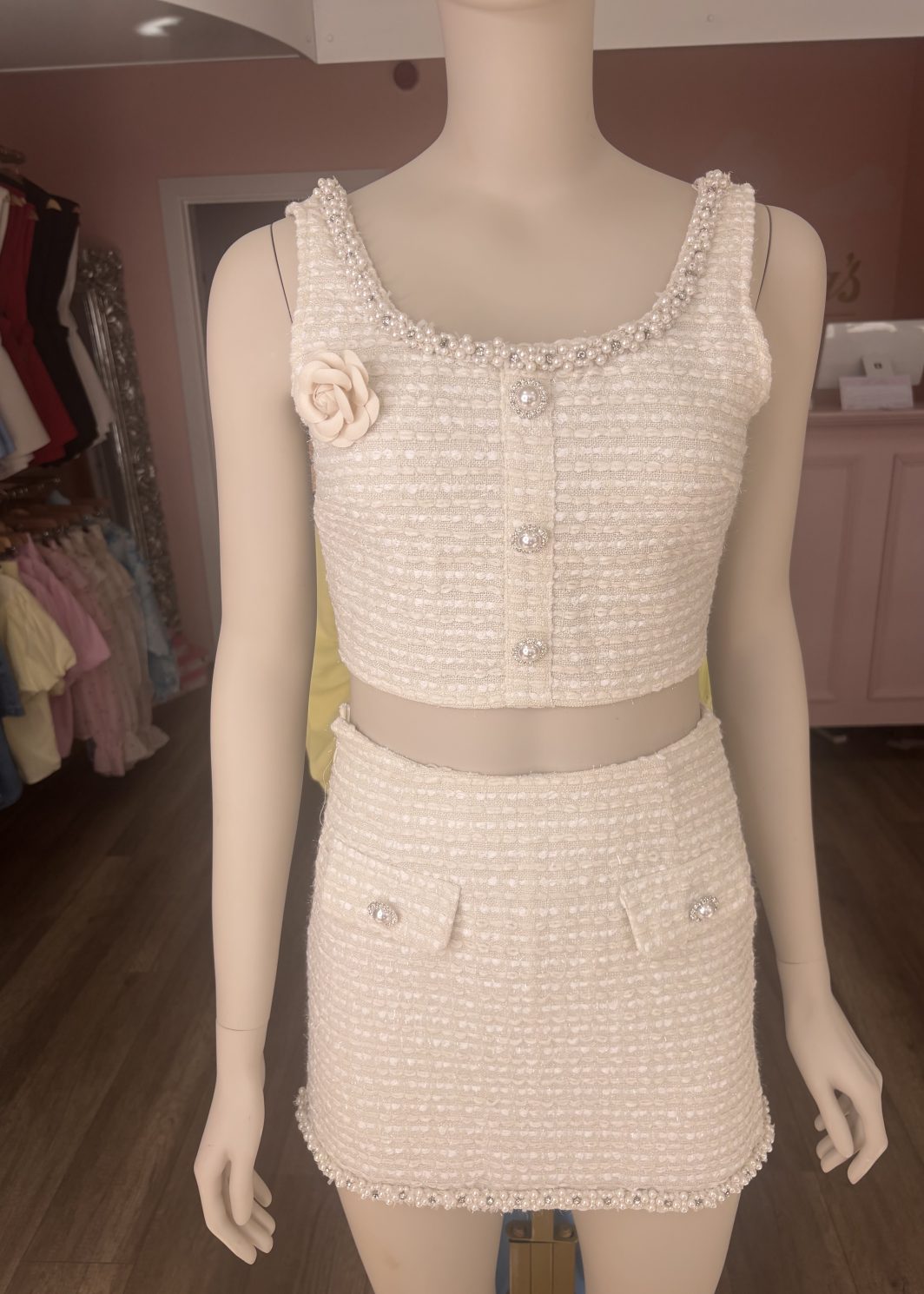 IMOGEN cream luxe tweed pearl diamond skirt set with built in shorts