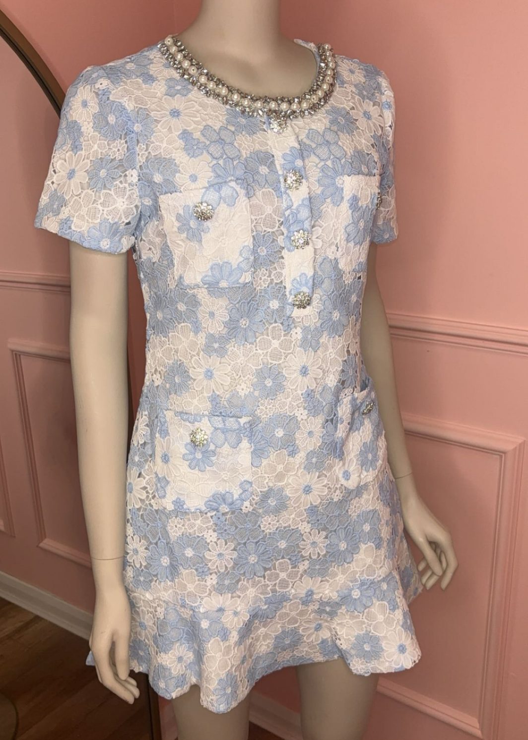 NANCY blue floral lace pearl diamond luxe dress
