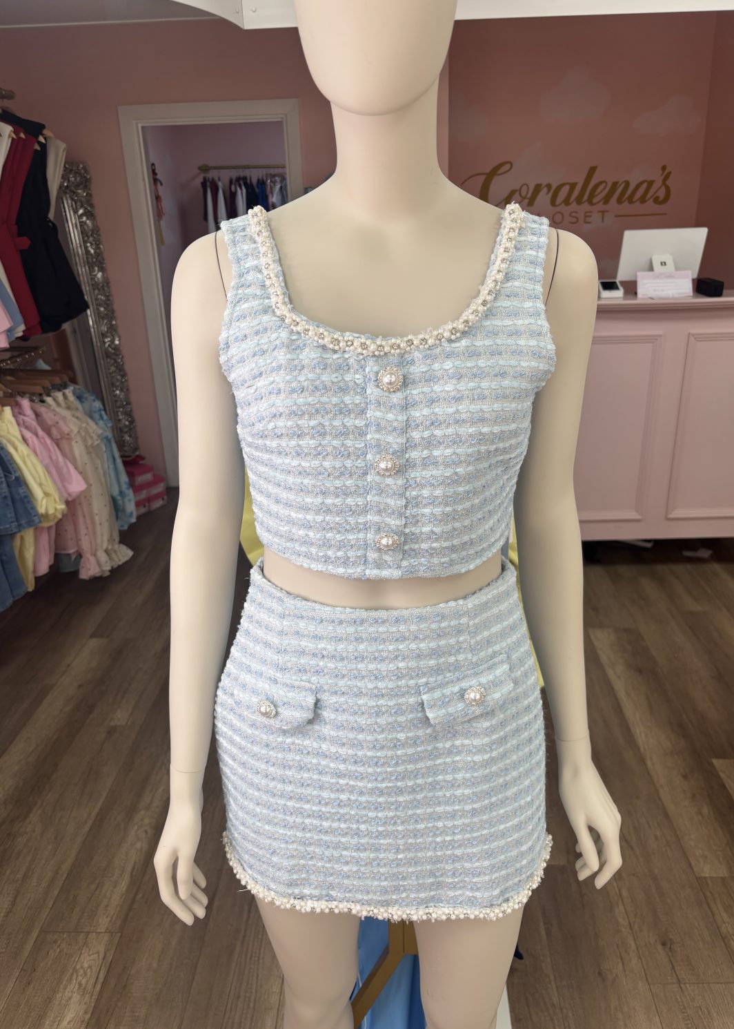 IMOGEN blue luxe tweed pearl diamond skirt set with built in shorts