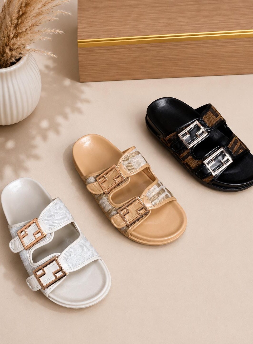 FRANKIE camel gold buckle sliders