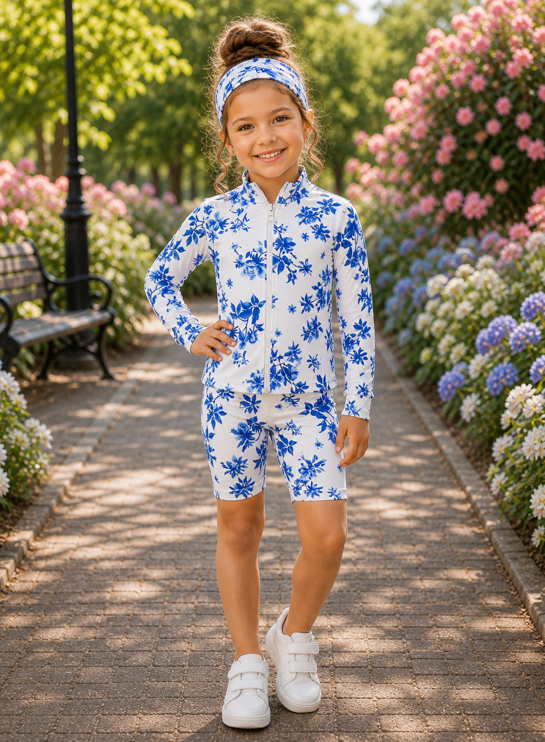 TIANA blue floral cycle short gym set with matching headband