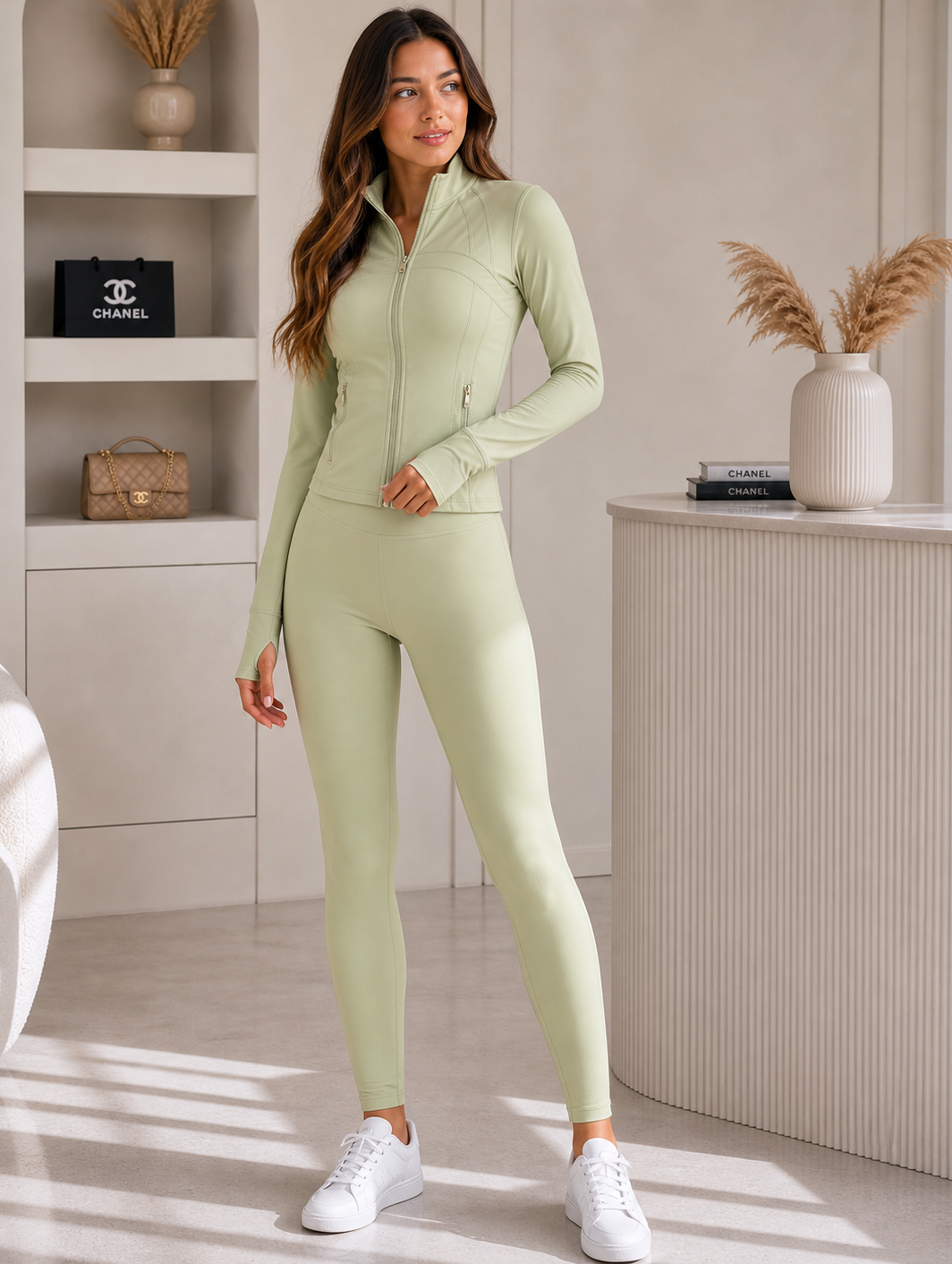 CORALENA khaki luxe sculpt gym jacket legging set