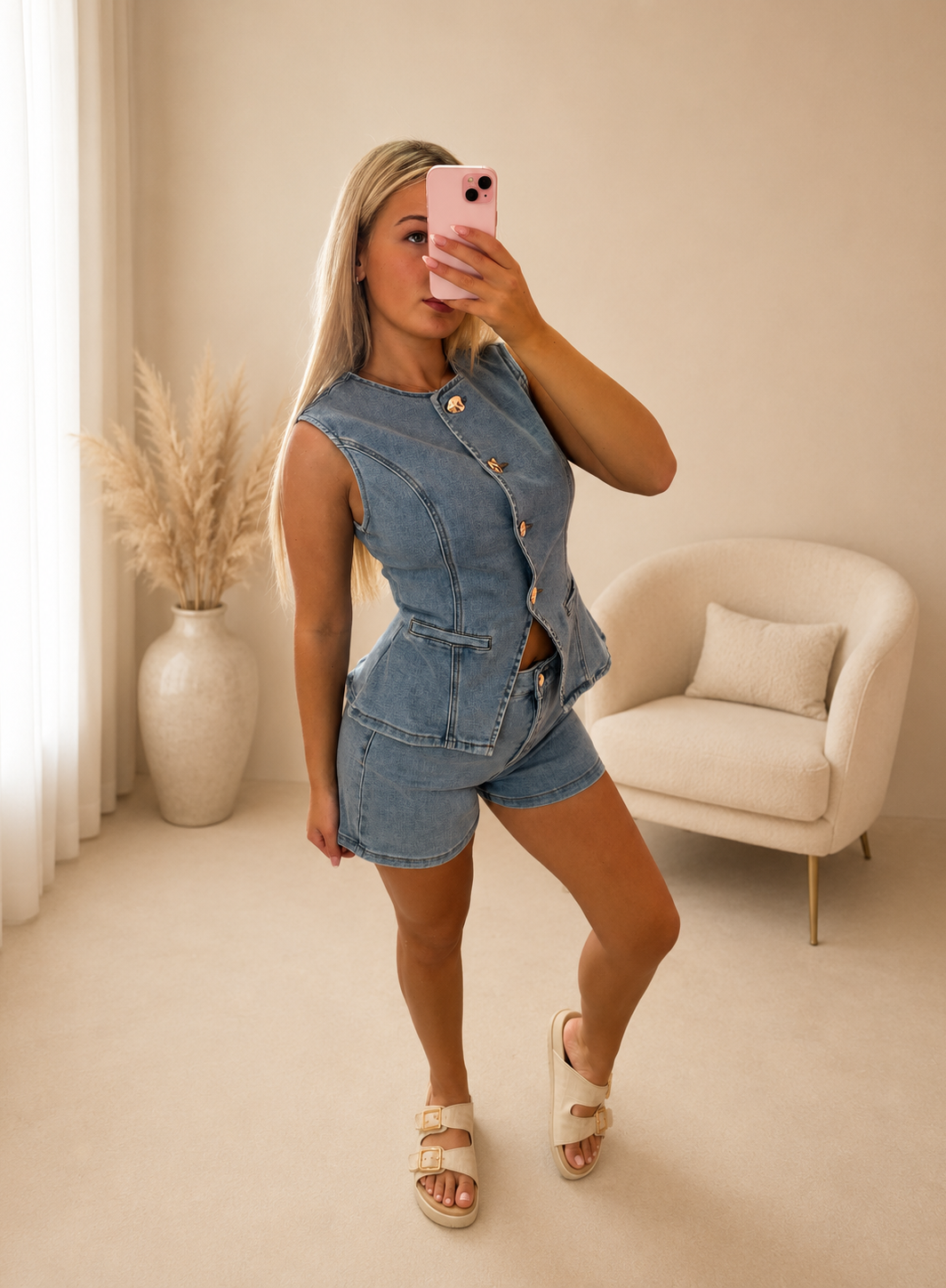 DEVON blue stretchy denim gold button short co-ord