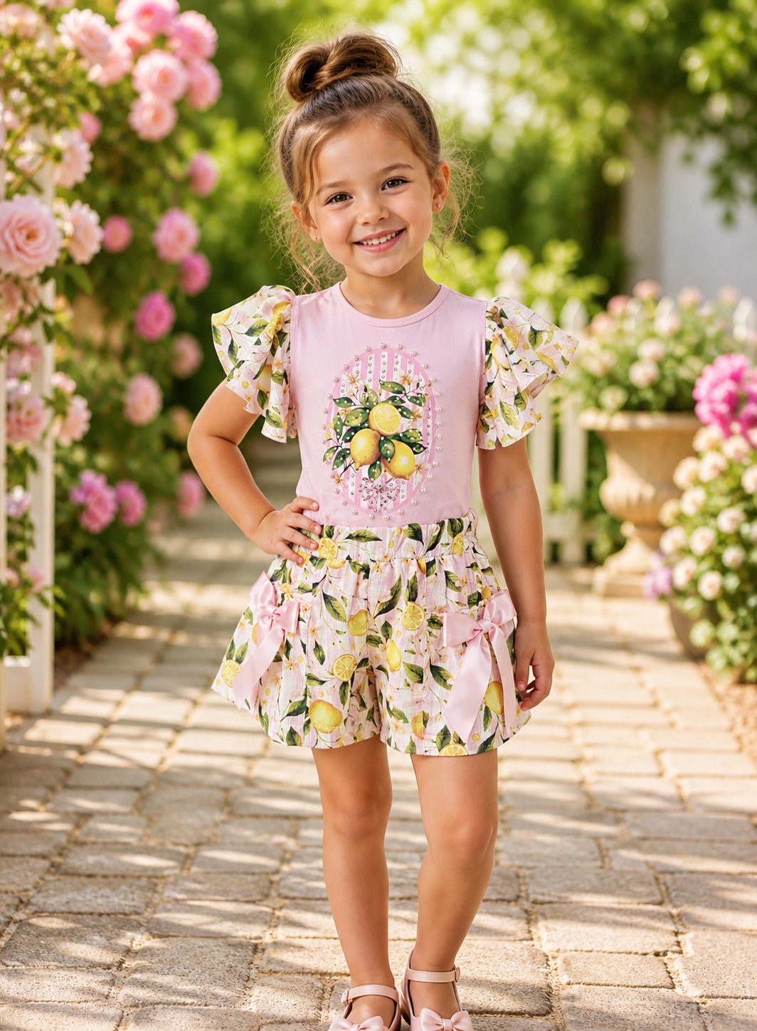 LEMONA pink lemon pearl diamond bow short set
