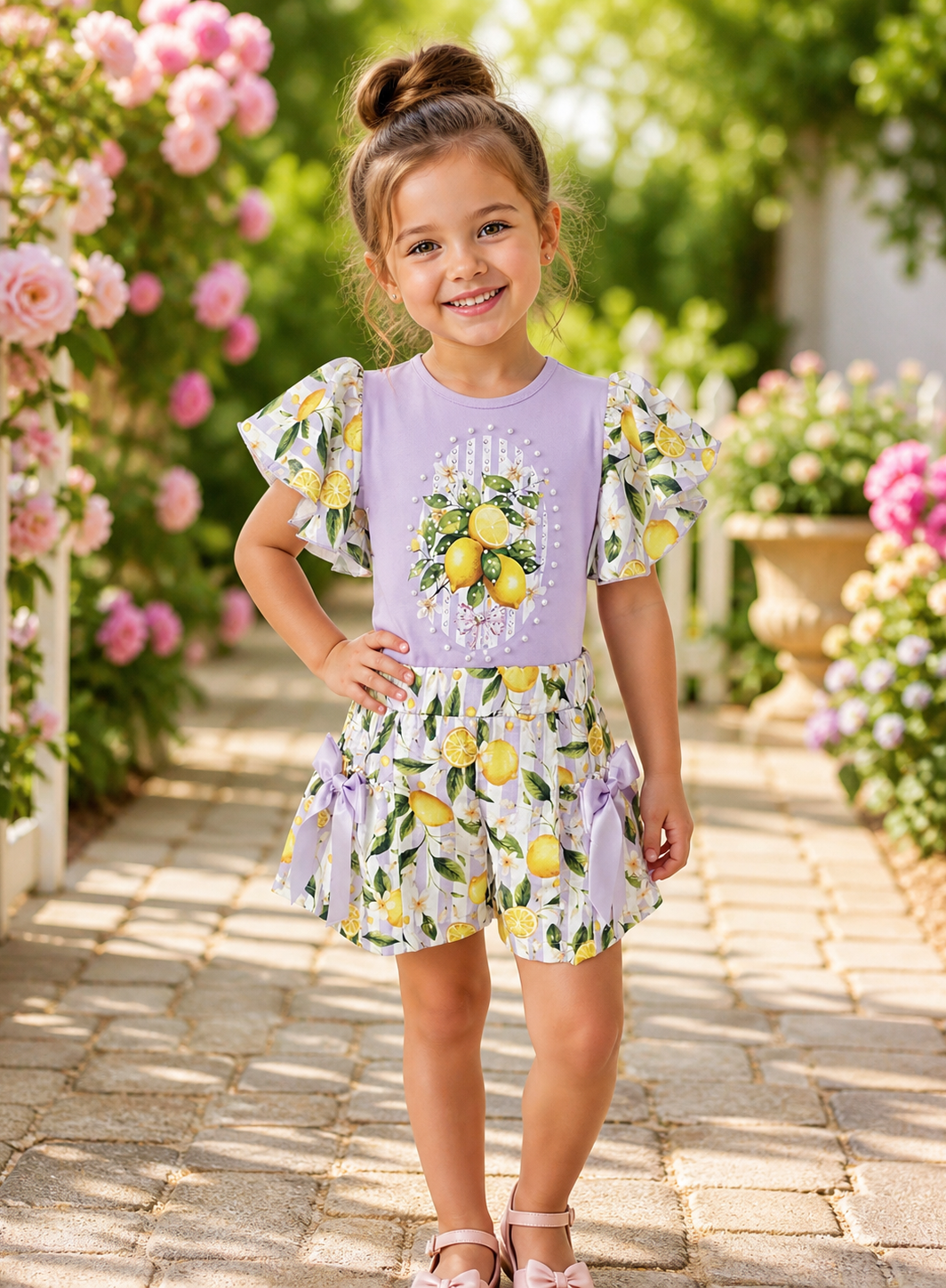 LEMONA purple lemon pearl diamond bow short set