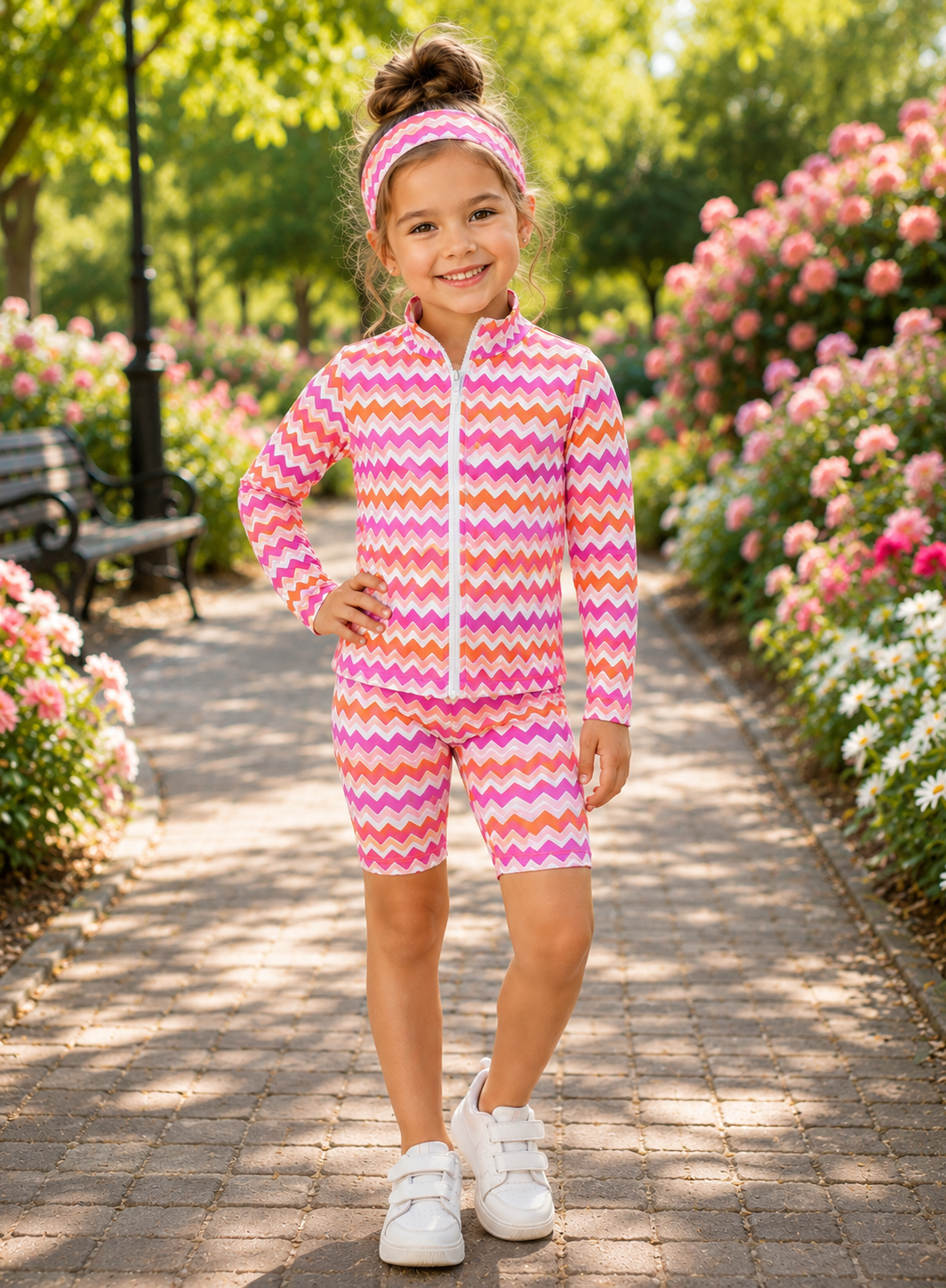 TIANA pink zig zag cycle short gym set with matching headband