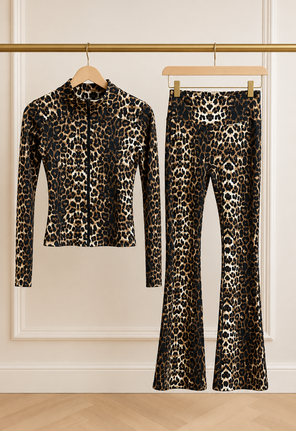 DIENNA Leopard print high waisted flared zip jacket gym set