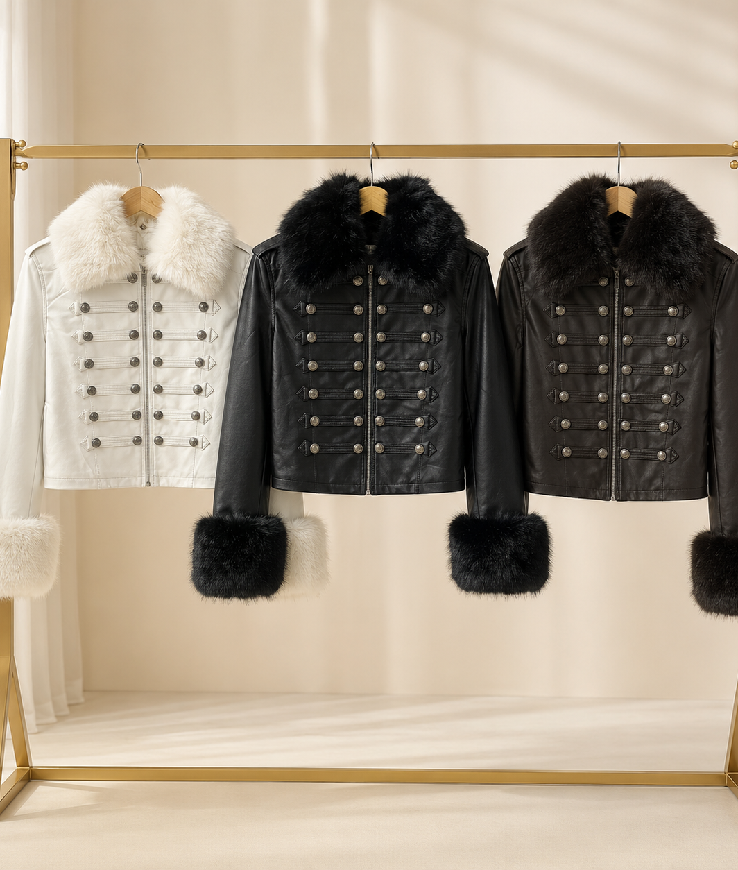VALENTINA faux fur cuffed leather military jacket