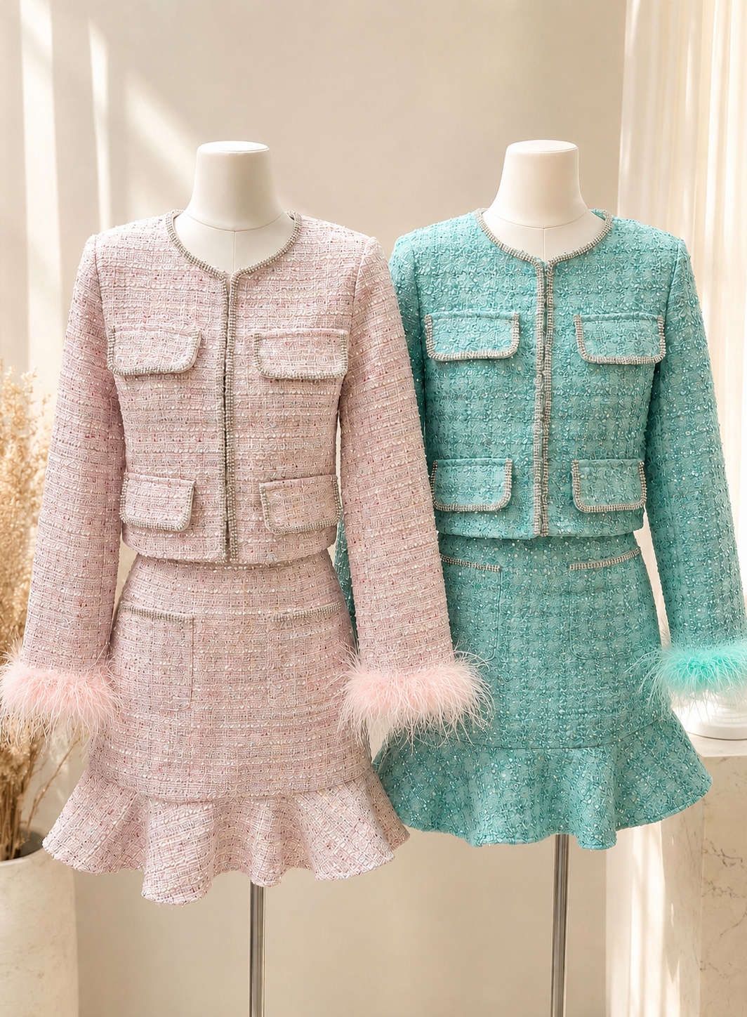 TIFFANY diamond sparkle feather cuff tweed luxe skirt set