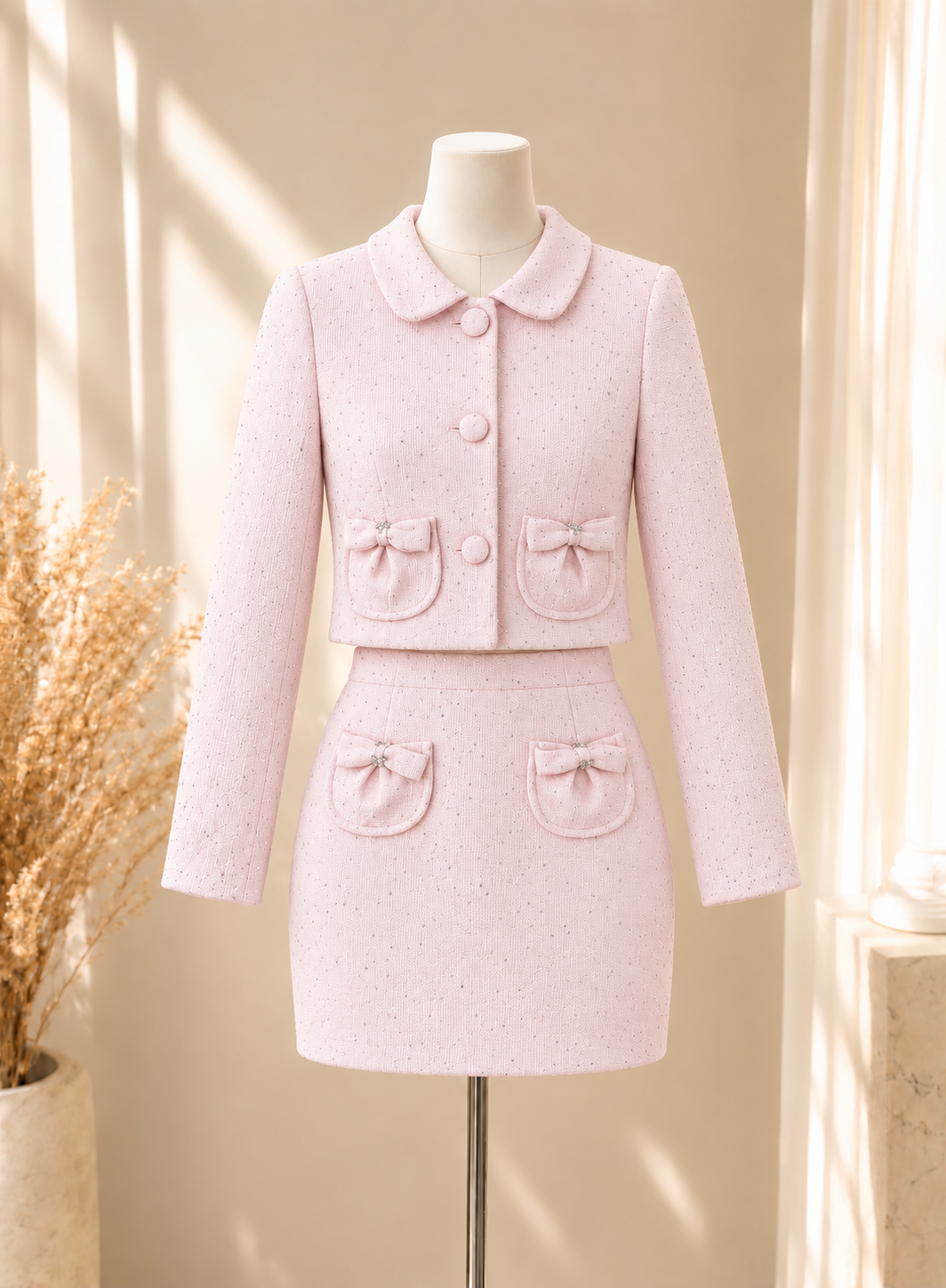 BELLE pink bow sequin luxe tweed skirt set