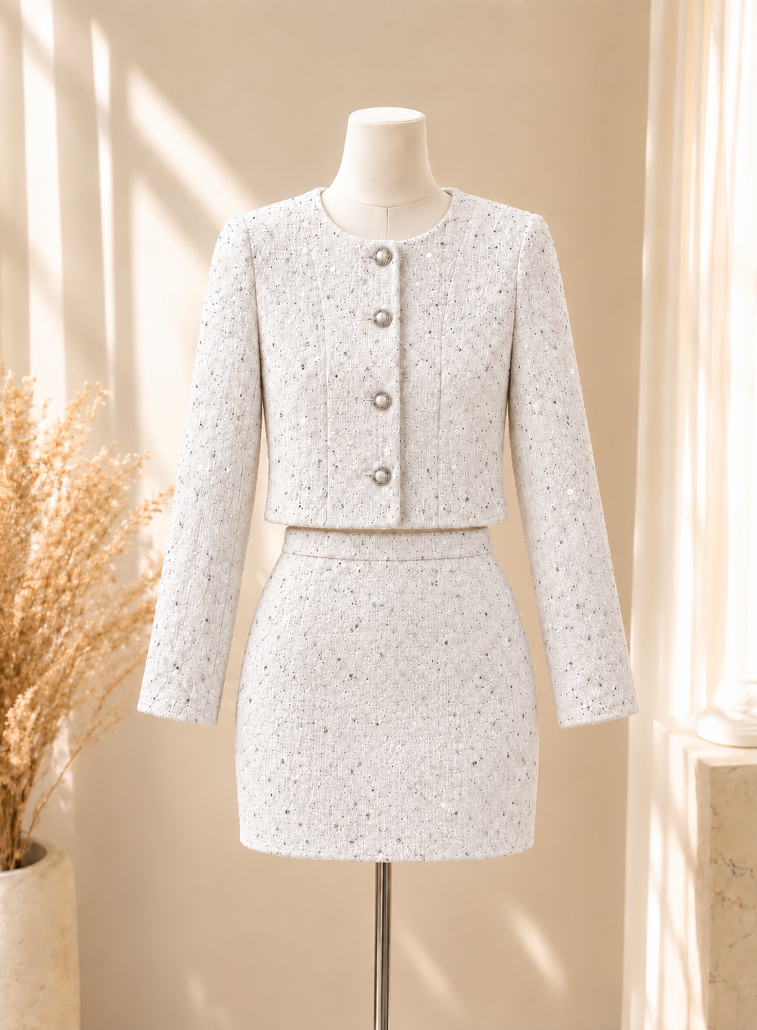 CRYSTAL cream pearl diamond sequin tweed luxe skirt set