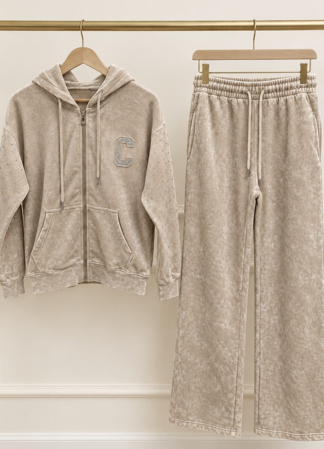 CALLIE beige diamante sleeved acid wash tracksuit