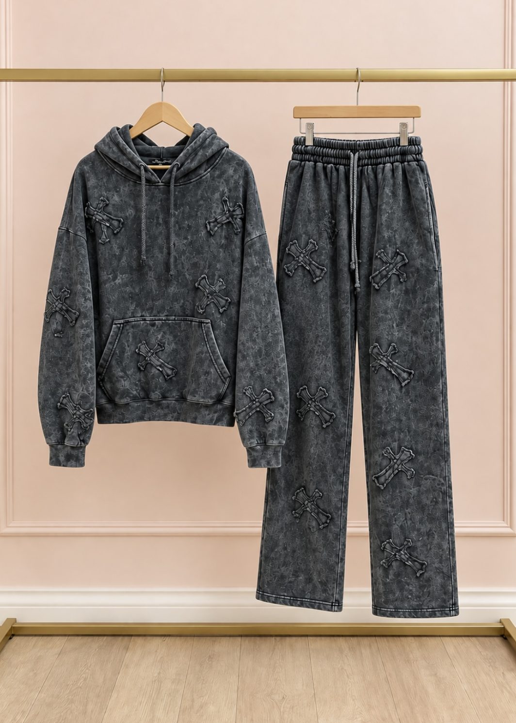 CASSIE grey acid wash crucifix hoodie tracksuit