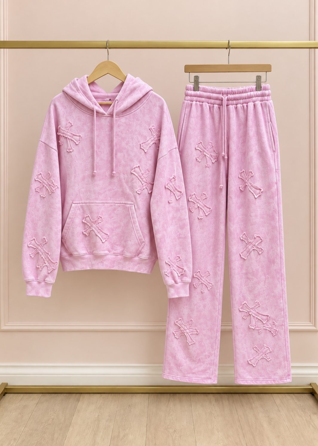 CASSIE pink acid wash crucifix hoodie tracksuit