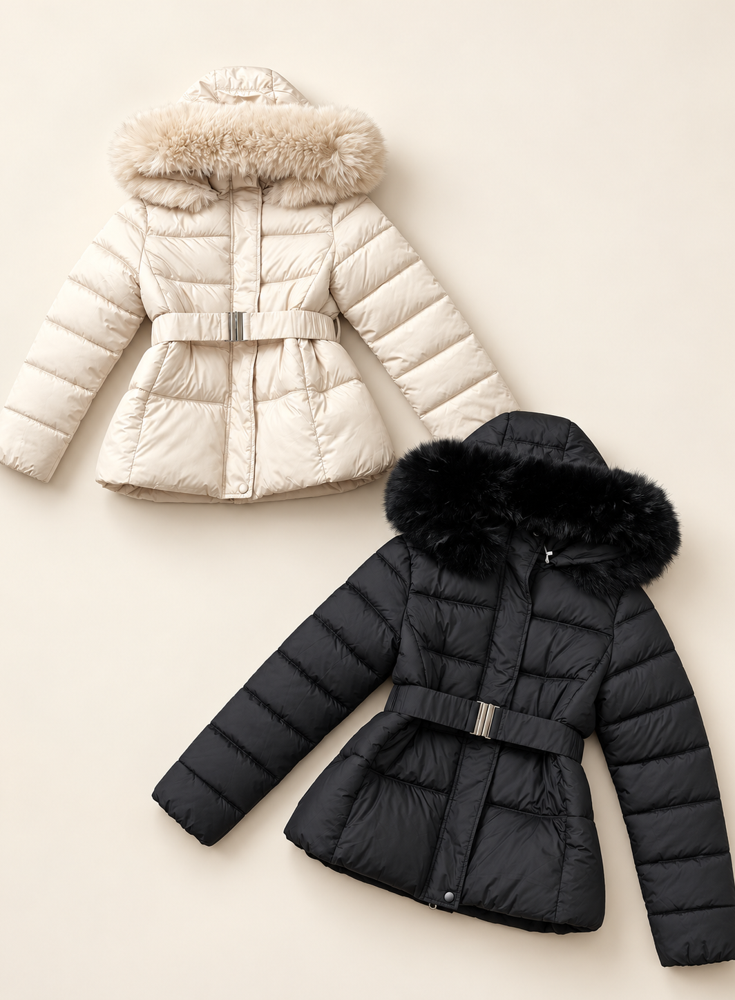 ARABELLA belted faux fur trim puffer coat