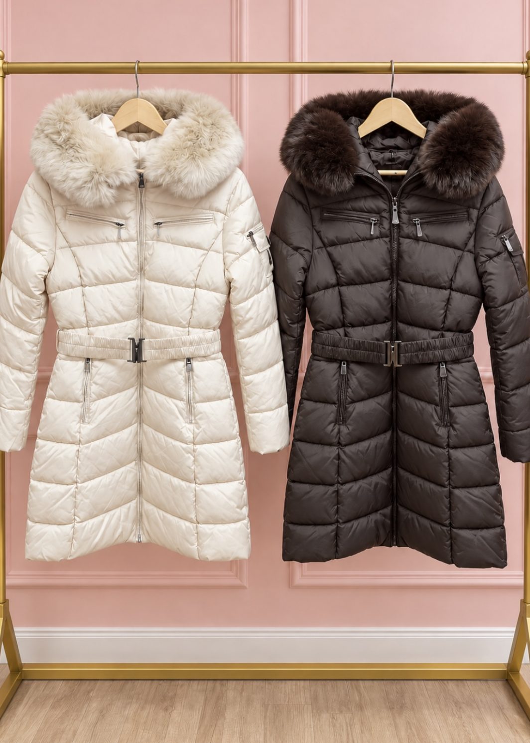 AINSLEY long belted down faux fur hood coat